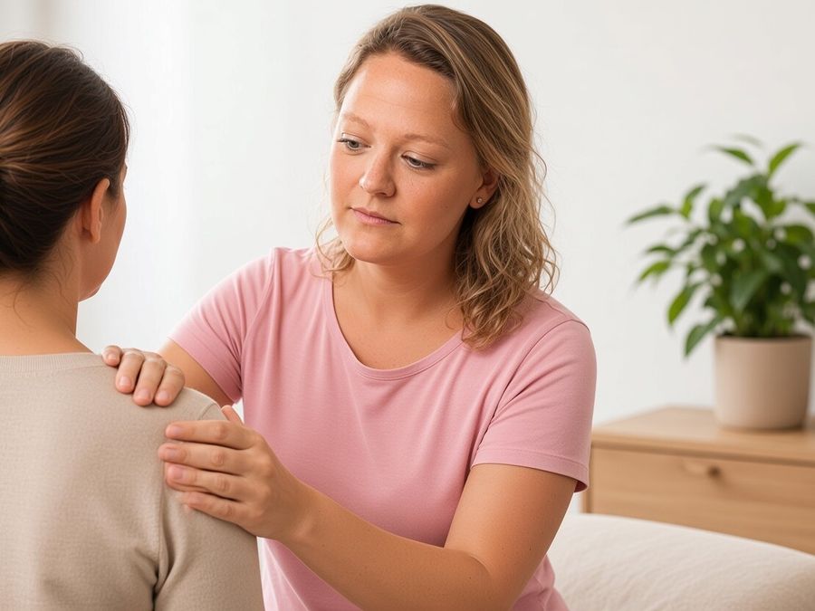 Kiek Bakker onderzoekt de schouder van een vrouw in de praktijk