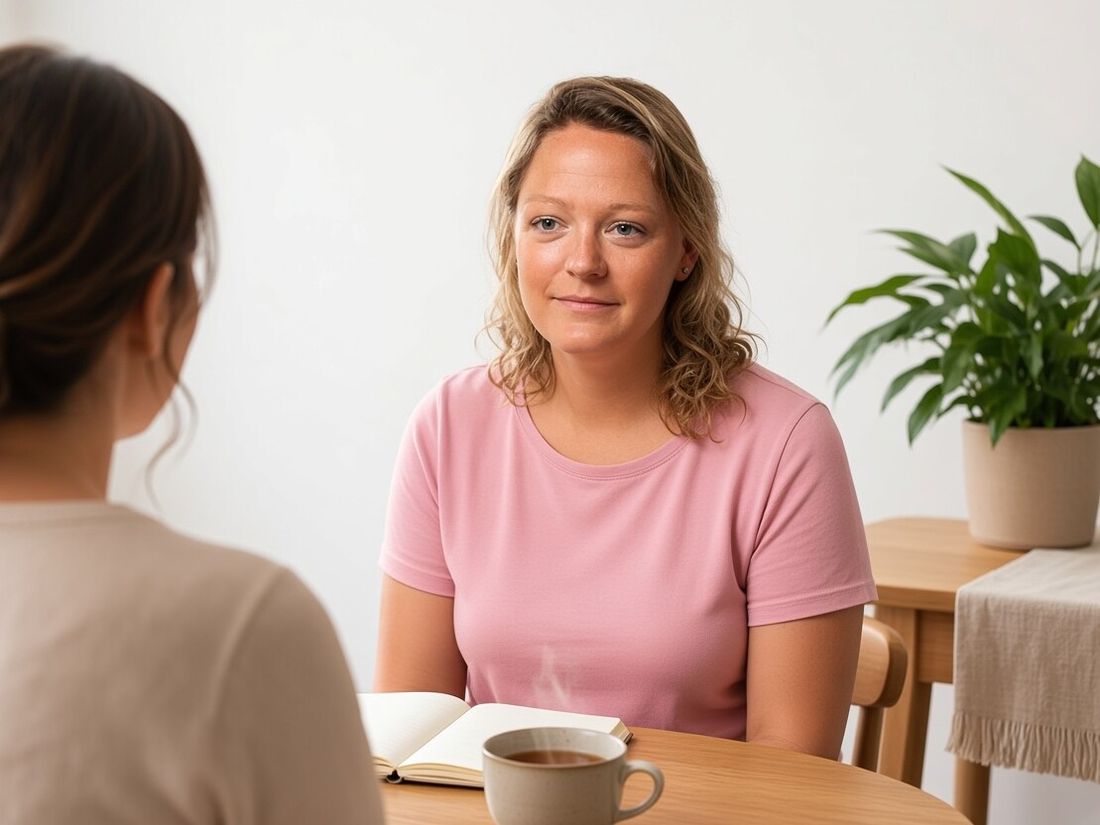 Kiek Bakker luistert tijdens een gesprek aan een houten tafel
