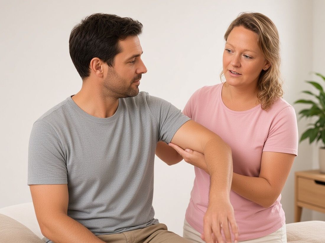 Kiek Bakker ondersteunt de arm van een man tijdens een oefening