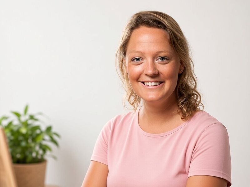 Portret van Kiek Bakker, zittend in een lichte ruimte met een plant op de achtergrond